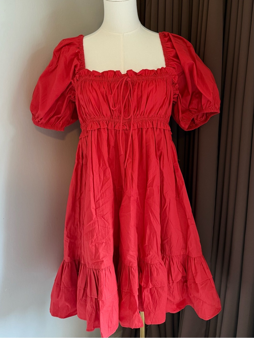 ASOS Red Puff-Sleeve Square Neck Tiered Dress